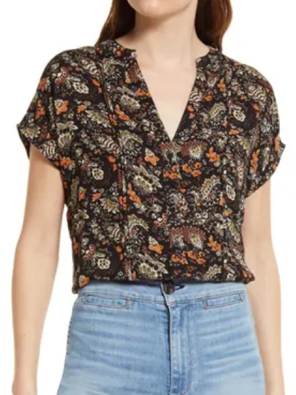 Treasure & Bond Black Floral Paisley V-Neck short sleeve black rust Cream XXS